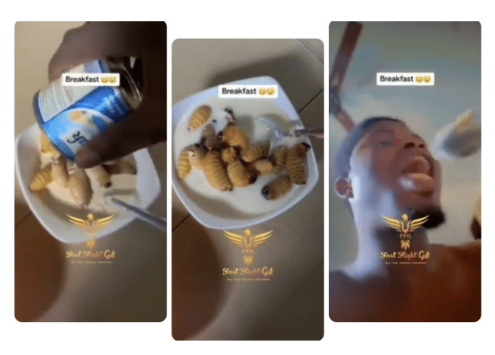 video going viral of a "Sakawa" boy eating gari soaked with worms