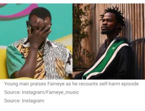 Fameye's song saved a young man from self-harm, causing him to cry as he shared his story.